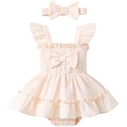Newborn Baby Girl Summer Clothes Sleeveless Smocked Romper Dress Ruffles Jumpsuit Bodysuit with Bow Headband