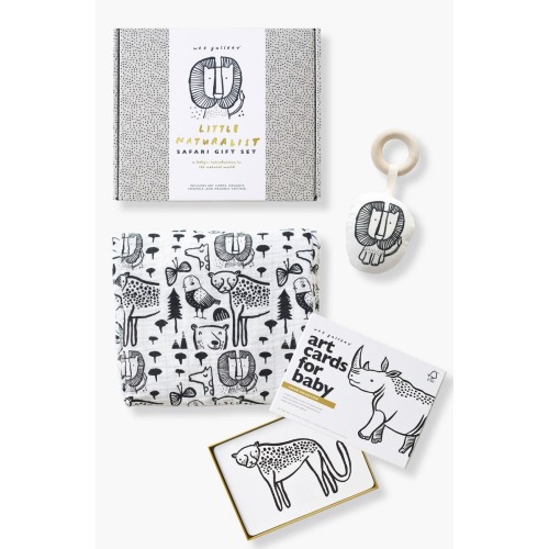 Newborn Gift Set with Swaddle Blanket, Wooden Teether and Art Cards for Baby