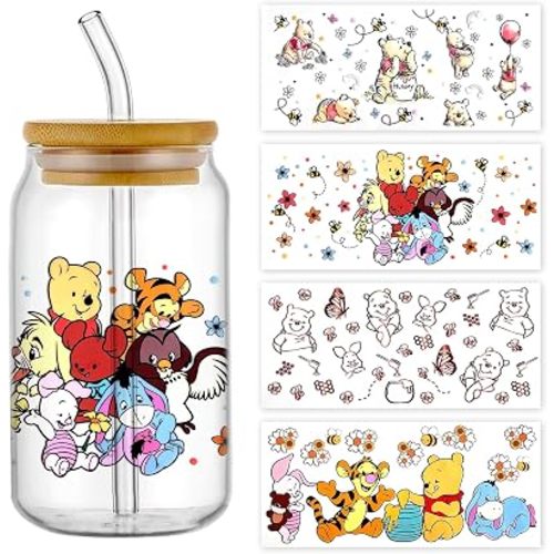 Cartoon UV DTF Cup Wrap Transfer Stickers for 16oz Glass, Rub on Transfers for Crafts Cup Decal Stickers-4Sheets (Yellow)