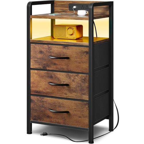 Lazzanto Night Stand Bedside Table Bedroom - Nightstand with Charging Station & LED Light Strip, Bed Side End Table with Storage Shelf & 3 Fabric Drawers, U-S-B Ports & AC Outlets, Rustic Brown
