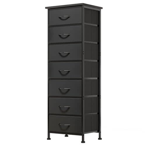 Fixwal Black Tall Dresser for Bedroom, Storage Dresser Organizer with 7 Fabric Drawers, Nightstand Furniture in Closet, Entryway, Hallway