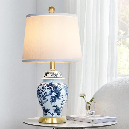 Chinoiserie Table Lamp 23'' Ceramic Table Lamp, Classic Blue and White Bedside Desk Nightstand Lamp for Bedroom Living Room Office College Bookcase Coffee,Dimmable,Single Lamp