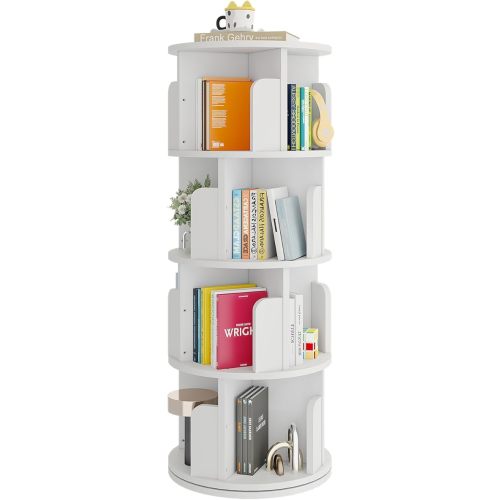 NEWTURN Rotating Bookshelf, 360° Display 4 Tier Floor Standing Bookcase Storage Rack,Wood Narrow Book Shelf Organizer for Bedroom,Living Room,Small Corner Bookshelf,White