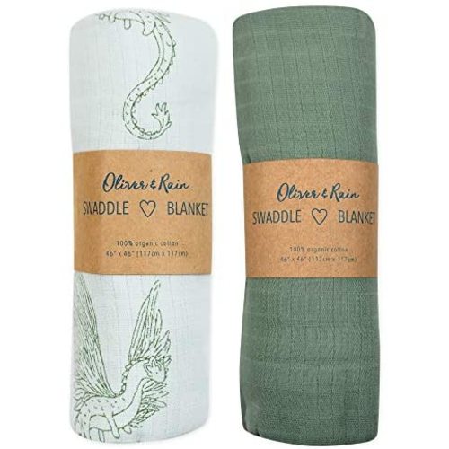 Muslin Swaddle Blanket Oliver & Rain, Newborn Baby Boy Girl, Dragon-Green 2 Pack