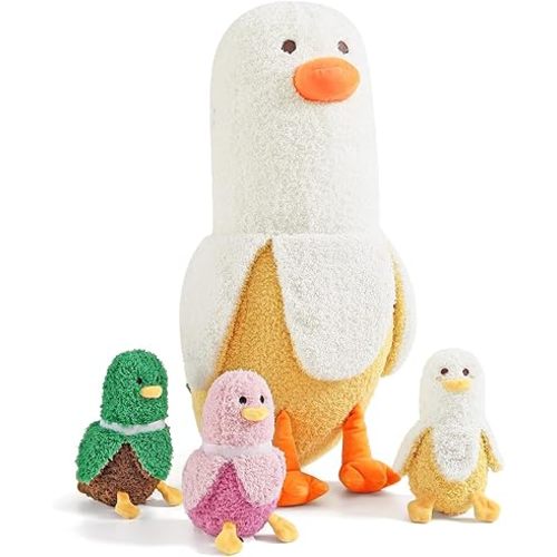 PEACH CAT Banana Duck Plush 1 Mommy 19.7" Banana Duck Stuffed Animal with 3 Cute Babies Inside, 4 Pieces Plushies Toy Set Gifts for Girls and Boys