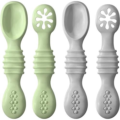 O1baby Lot de 4 cuillères en silicone pour bébé et enfant Gris/vert