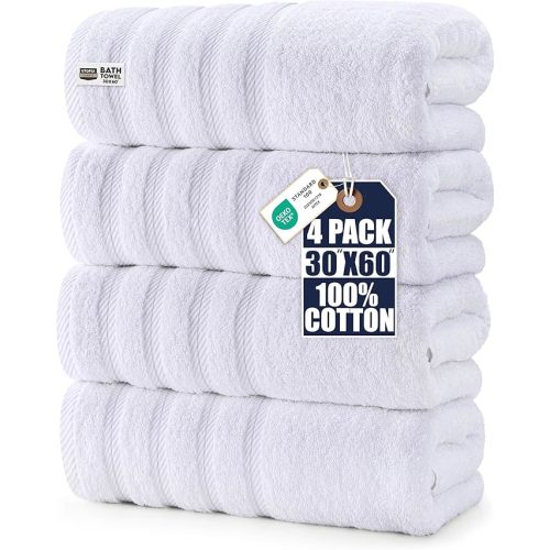 Utopia Towels 4 Pack Premium Extra Large Bath Towels Set, (30 x 60 Inches) 100% Ring Spun Cotton, Lightweight and Highly Absorbent Quick Drying Towels, Perfect for Daily Use (White)