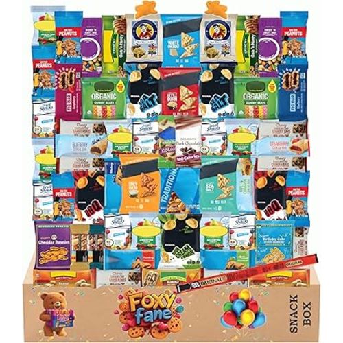 Foxy Fane 60-Count Holiday Gift Box - Assortment of 60 Healthy Snacks & Treats - Perfect Variety Pack for Back to School, Easter, Christmas & New Year’s - Great for Family, Friends, or Office Gifting