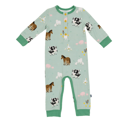 Larkspur Baby | Long Sleeve Henley Romper in Farm Animals