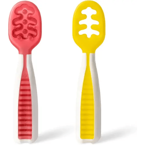 NumNum Pre-Spoon GOOtensils | Baby Spoon Set (Stage 1 + Stage 2) | BPA Free Silicone Self Feeding Toddler Utensils | For Kids Ages 6 Months+, 1-Pack, 2 Spoons, Raspberry Red/Sunshine Yellow