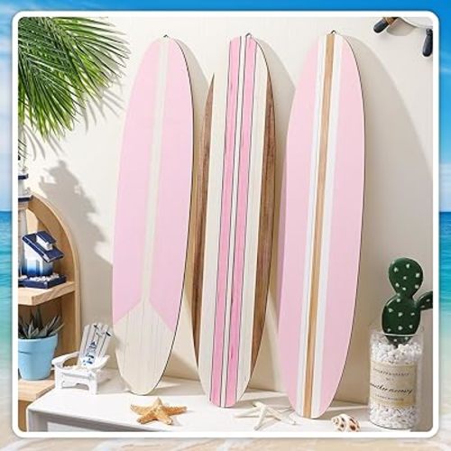Gerrii 3 Pieces Surfboard Wall Decor 23.6" x 5.4" Preppy Beach Room Decor Aesthetic Large Wooden Cute Beachy Tropical Wall Art for Surfer Bedroom Bathroom Decorations(Pink,Stripe)