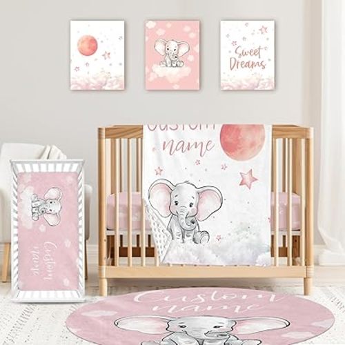 Personalized Baby Crib Bedding Set: 4 Piece Custom Starry Sky Elephant Crib Bed Set with Name, Nursery Bedding Set for Baby Girls, Newborn Boys Crib Sets, Crib Bedding Custom Gift, Crib Sheet