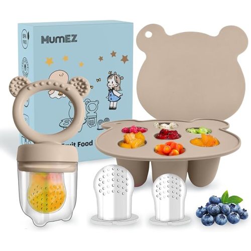Baby Fruit Feeder Pacifier - Convenient Baby Food Feeder Set, Easy Self-Feeding Journey with Baby Food Dummy Feeder, Baby Food Freezer Trays Included（Gray）