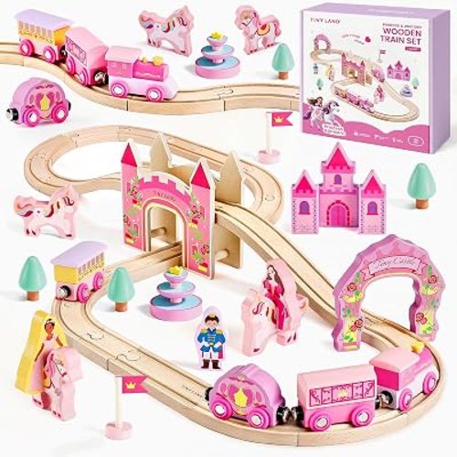 Tiny Land Wooden Train Set for Girls, 38PCS Unicorn Princess Train Set with Castle Bridge & Royal Accessories, Pink Fantasy Train Track Set, Gift for Toddlers Girl Toys Ages 3+