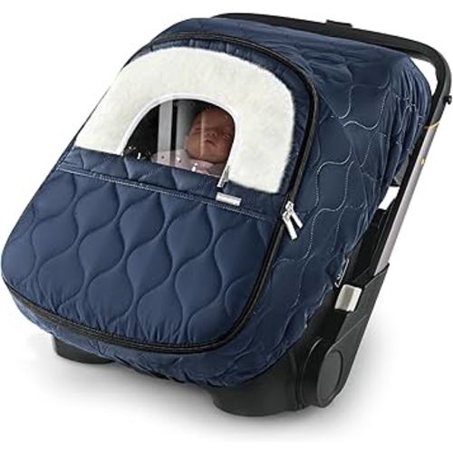 Winter Baby Car Seat Cover, Waterproof, Windproof Warm Fleece Breathable with Full Zipper for Newborn Car Seat, Navy