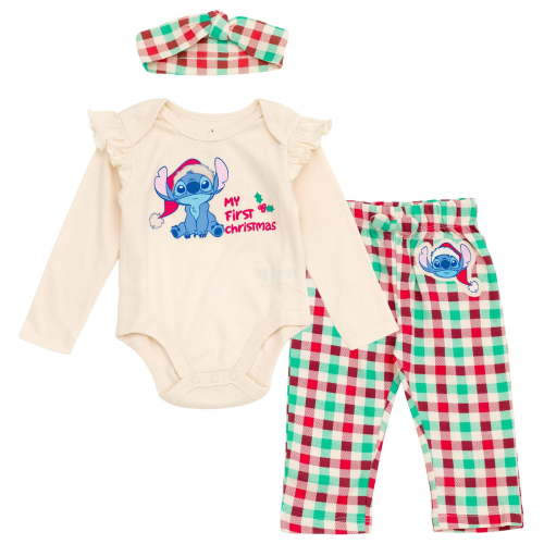 Disney Lilo & Stitch Christmas Bodysuit, Pants and Headband 3 Piece Outfit Set Gingham Newborn to Infant