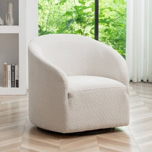 "Kinwell 32" Wide Boucle Upholstered Swivel Barrel Chair White : Mid-Century Modern, No Assembly Required"