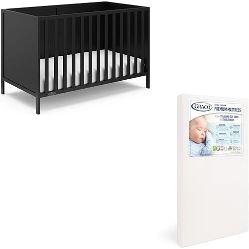 Graco Theo Crib and Mattress Nursery Essentials Pack (Black) – GREENGUARD Gold Certified Baby Crib & Crib Mattress, Cribs with Mattress Included