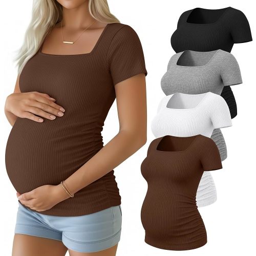 Huukeay 4 Pack Women's Maternity Shirts Square Neck Maternity Tops Cotton Ribbed Short Sleeve Side Ruched Pregnancy Clothes