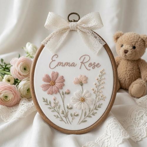Personalized Floral Baby Name Embroidered Sign, Custom Baby Nursery Name Hoop, Floral Baby Shower Wall Art, Newborn Name Announcement Gift