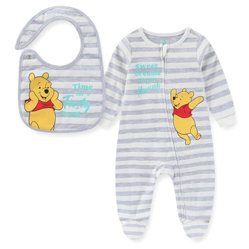Disney Winnie the Pooh Baby Boys Long Sleeve Footies Coverall Romper With Bib for Newborn and Infant