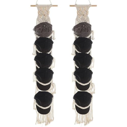 Ball Cap Hanger-2 Pack-Boho Macrame Cap Holder Wall Hat Organizer for Baseball Cap Holder Over Door, Hat Rack for Wall, Cap Rack for Decoration and Display,