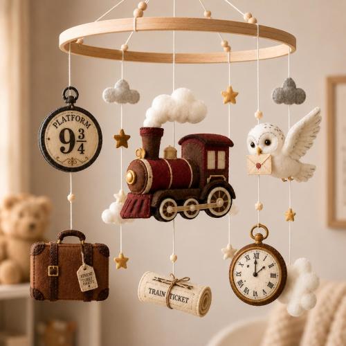 Wizard Train Baby Mobile, Felt Magic Crib Mobile, Owl Train Nursery Decor, Baby Shower Gift