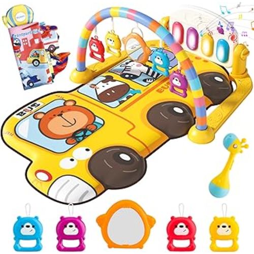 Cartoon Bus Theme Baby Piano mat Kick and Play Gym playmat,Baby Play mat Tummy time mat Fitness Piano with Music and Lights (Bus Baby Play mat(Yellow))