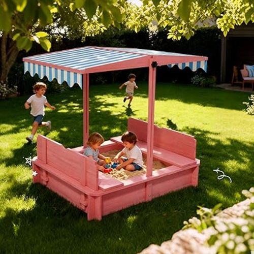 Wooden Kids Sandbox with Height-Adjustable UV-Resistant Canopy - 43x43 Inch Outdoor Play Sand Box with Lid, 2 Foldable Bench Seats & Bottom Liner, Ideal for Backyard, Garden, Beach