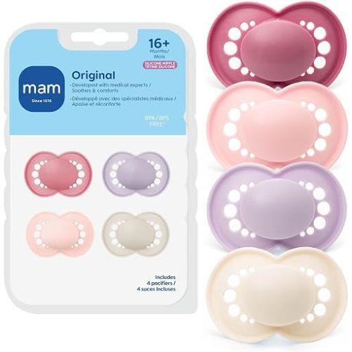 MAM Original Baby Pacifier 16+ Mths, Skin Soft Silicone Nipple, 4 Pack