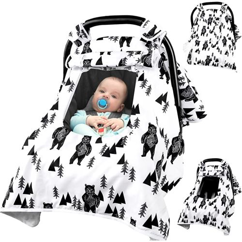 Baby Carseat Cover Boys, Newborn Car seat Canopy, Minky Cozy & Warm Cover, Winter Carrier Cover with Peep Windows, Soft & Breathable, Bear Stuff