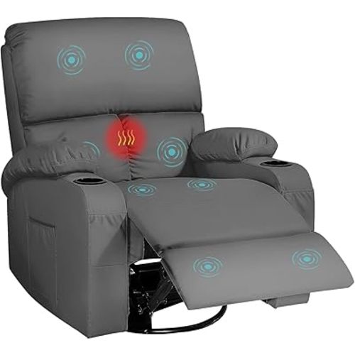 Rocking Recliner Chair, Massage Rocker Recliner Chair with Vibration Massage and Heat, 360° Swivel Faux Leather Chairs, Living Room, Bedroom, Nursery, RV, Dark Gery