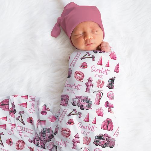 Personalized Pink Firefighter Swaddle Blanket Truck Name Baby Blanket Newborn Baby Girl Coming Home Outfit Hospital Outfit Baby Shower Gift