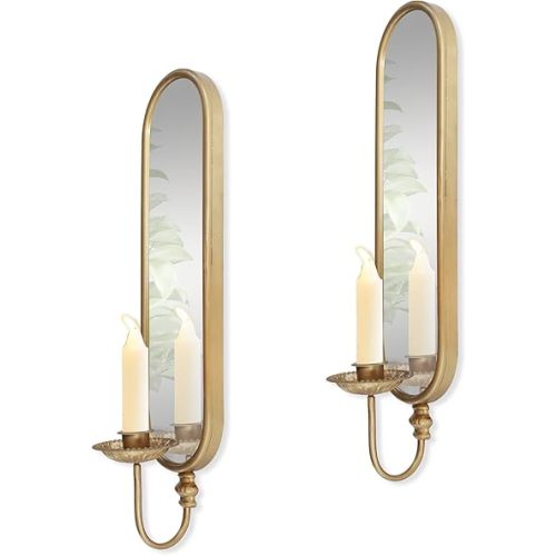 Set of 2 Vintage Gold Iron Candle Sconce and Mirror, Rustic Metal Wall Candle Holders for Pillar Candles Wall,Living Room, Bathroom, Dining Room(Size:3.94x15.94x3.9inches)