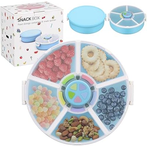 Pawtong Snack Rotator Container Reusable Snack Box with 5 Compartment Dispenser and Lid, Color Matching Opening Lid, BPA and PVC Free, for Home, School, Travel (2 Pack- Blue)