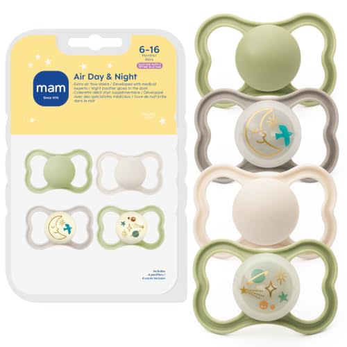 MAM Air Pacifier 6-16 Months, Extra Air Flow for Sensitive Skin, 4 Pack | Glows In The Dark, Developed With Medical Experts, BPA-Free Skin Soft Silicone, Made In Europe
