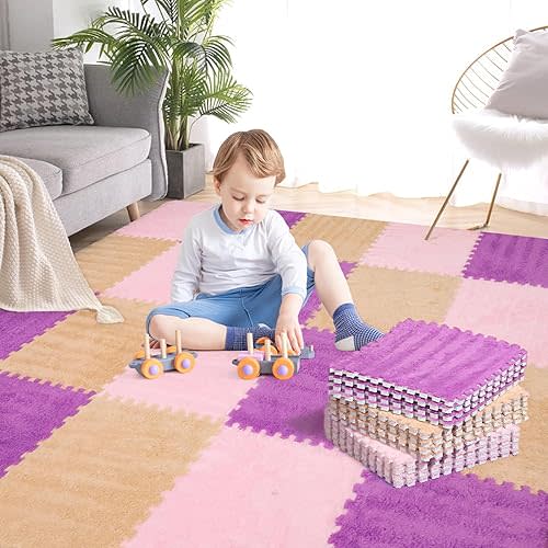 36 Pcs Plush Interlocking Carpet Tiles, Non-Toxic Foam Carpet Tiles for Toddler Baby, Anti-Slip, EVA Foam Interlocking Tiles for Floor, Nursery, Playroom, Purple, Light Brown, Pink