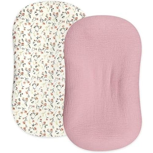 Hooyax Muslin Baby Lounger Cover 2 Pack, Organic Removable Lounger Slipcover for Newborn, Baby Padded Lounger Infant Floor Seat Covers for Boys Girls (Flesh Pink & Floral)