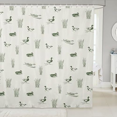 Wild Duck Shower Curtain Lake House Hunting Theme Bathroom Curtain,Green Rustic Animals Plants Print Waterproof Curtain Kids Teens Men Room Decor Lake Boat Fishing Bath Curtain,12 Hooks,72" Wx72 L