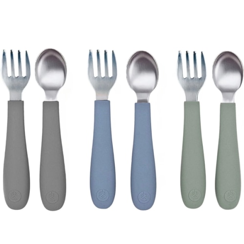 Stainless Steel & Silicone Toddler Utensils – Set of 6 (3 Forks + 3 Spoons)
