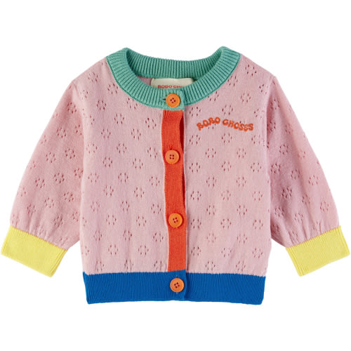 Baby Pink Color Block Open Work Cardigan