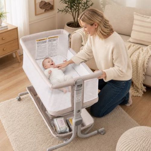 Baby Bassinet Bedside Sleeper with 6 Height Levels and Storage Basket, Beige
