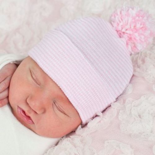 Newborn Pom Pom Hat, Pink Stripes