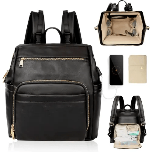 Diaper Bag Backpack Leather Diaper Bag Backpack Baby Bags With 18 Organizing Pockets,6 Insulated Pockets,USB Charging Port,Stroller Straps,Changing Pad (Black)