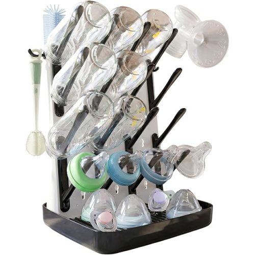 Baby Bottle Drying Rack, Vertical Space Saving Bottle Dryer for Countertop, Holds 12 Bottles, BPA Free Baby Bottle Organizer with Removable Drip Tray for Pacifiers, Pump Parts & Accessories
