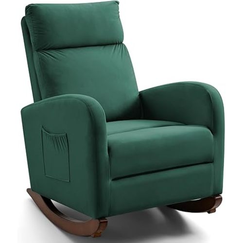 Upholstered Rocking Chair, Comfortable Glider Rocker with Solid Wood Legs, High Back Modern Rocker with Side Pocket for Nursery, Living Room and Bedroom, Green