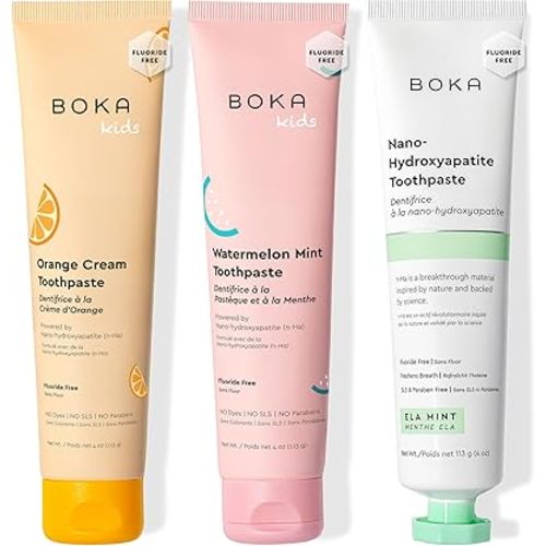 Boka Fluoride Free Toothpaste Nano Hydroxyapatite Toothpaste - Ela Mint, Orange Cream, Watermelon Mint Flavor, 4 oz 3Pk US Manufactured