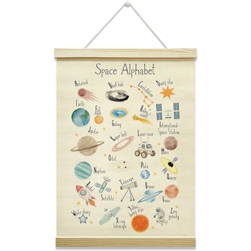 Space Nursery Poster Hanger Frame, ABC Alphabet Learning Posters Outer Space Planet Wall Hanging Decor, Canvas Poster with Wood Frame, Home Nursery Preschool Classroom Wall Decor, 12x16 Inches -37