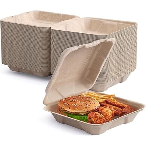 ECOLipak 50 Pack Clamshell To Go Containers, 100% Compostable Disposable Take Out Food Containers, 8X8 inch Heavy-Duty To Go Boxes, Eco-Friendly Biodegradable Take Out Containers For Food