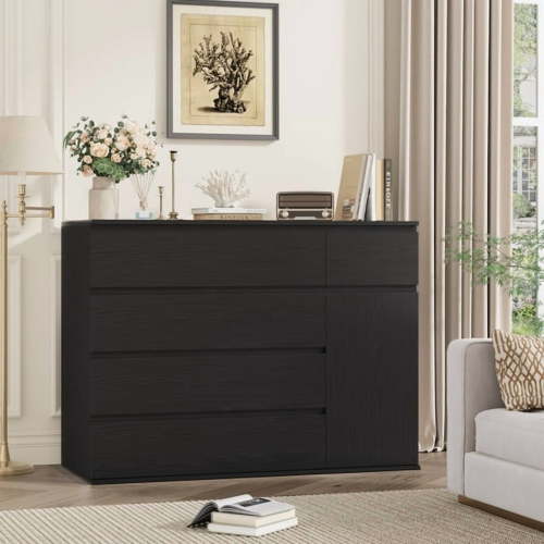 Homfa Black 5 Drawer Dresser with Door, Modern Accent Storage Cabinet for Bedroom Living Room